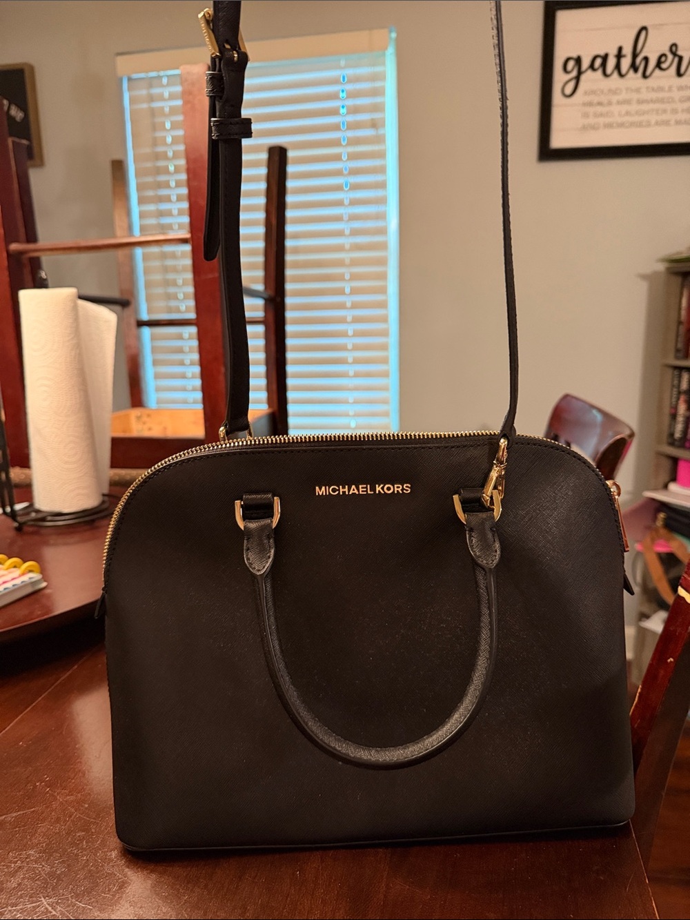 Michael Kors Black Saffiano Dome Satchel with Gold Hardware